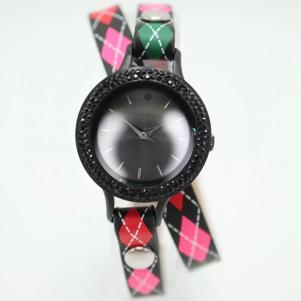 Origami Owl Womens Watch 26mm Black Dial Argyle Double Wrap Strap w New Battery